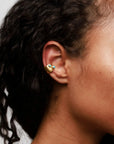 Model wearing MyAleph Galet Ear Cuff with turquoise stones, no-piercing ear cuff in gold vermeil
