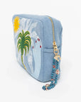 MyAleph Large Pampelonne Denim Pouch with embroidered palm trees, zip closure, and turquoise phone charm