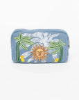 MyAleph Midi Pampelonne Denim Pouch with embroidered sun and palm trees on soft blue denim