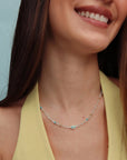Model wearing the Juliana Necklace in Moonstone, styled with a yellow top for a warm, elevated look.