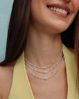 Model layering the Julianna Necklace in Moonstone with other pieces, styled with a yellow top for a warm, elevated look.