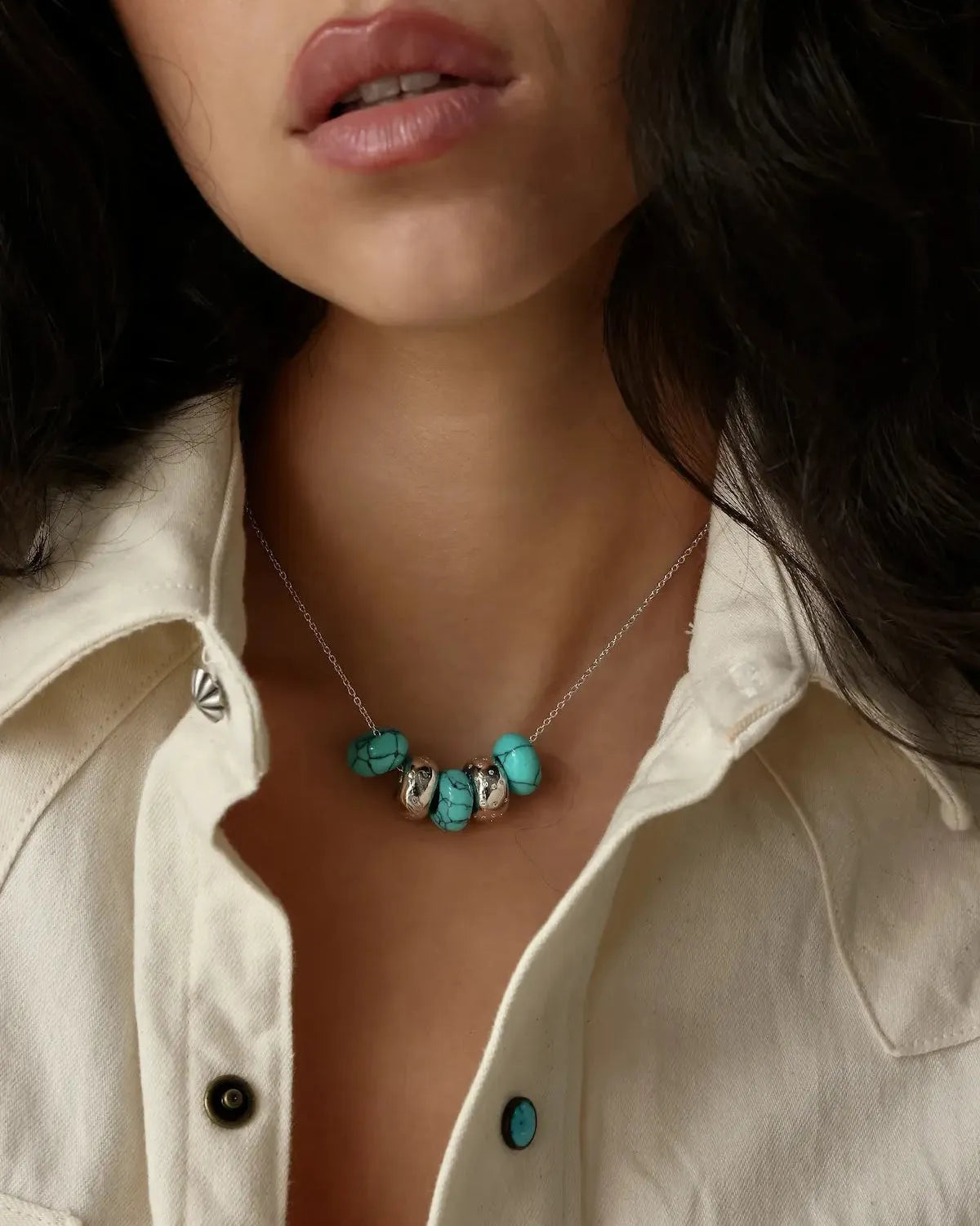Ava silver turquoise quartz necklace styled with an open collar shirt, MyAleph We Are One Collection