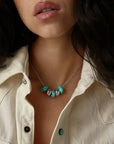 Ava silver turquoise quartz necklace styled with an open collar shirt, MyAleph We Are One Collection