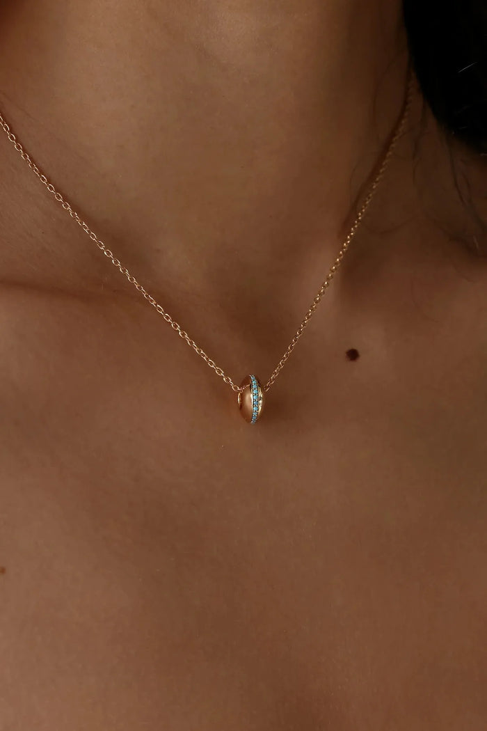 Mia gold turquoise pendant necklace worn solo on bare skin, MyAleph We Are One Collection