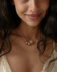 Noa gold rose quartz charm necklace styled on bare skin, MyAleph We Are One Collection