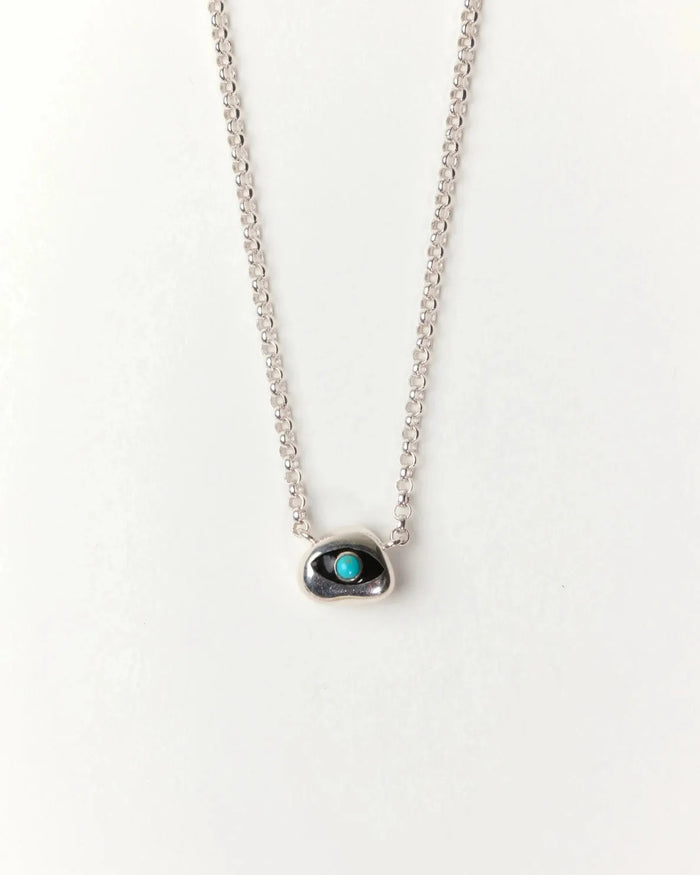 Aura Evil Eye necklace featuring a turquoise gemstone set in a silver tone pendant with premium rhodium plated hardware on a delicate chain.