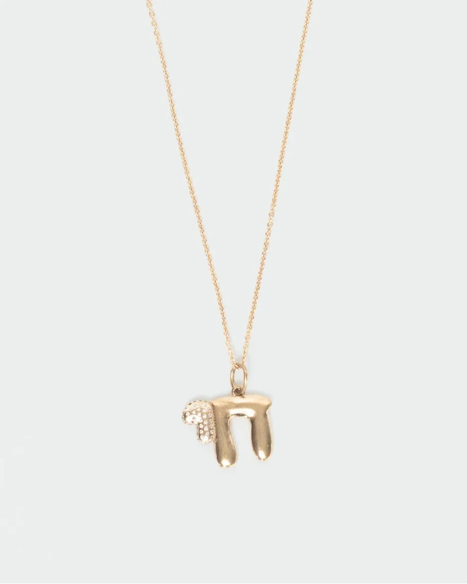 MyAleph gold Chai Necklace with Hebrew life symbol pendant, white stone detail, and delicate chain on white background
