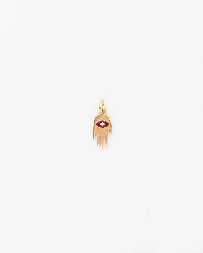 MyAleph gold Flat Hamsa evil eye charm with red enamel eye and white stone center, protective hand pendant