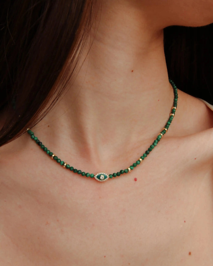 Side view of model wearing the Juliana Necklace in Malachite, showing how the necklace contours the neckline.