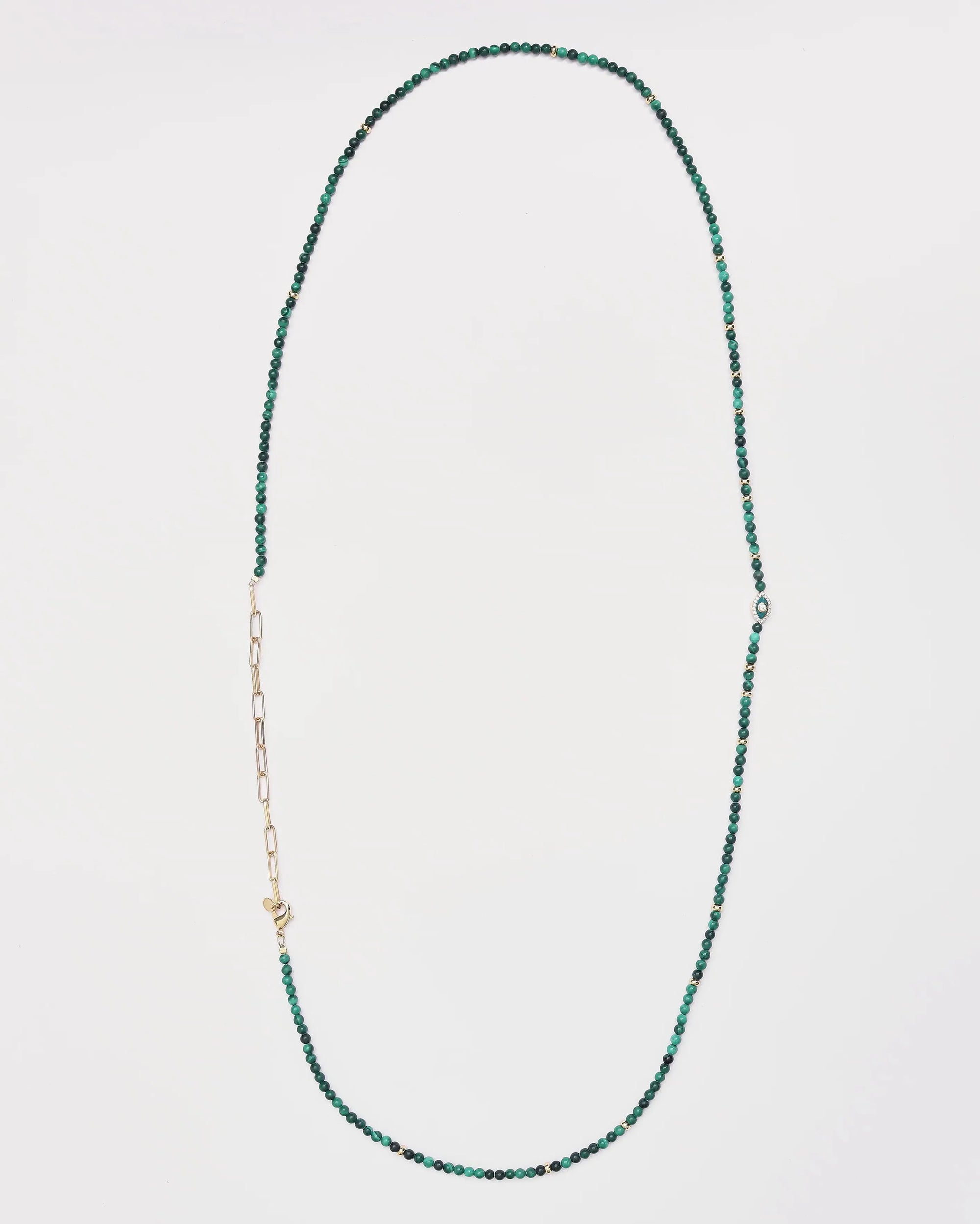 Juliana Belly Chain in Malachite Quartz with Evil Eye Charm – Full Length Flat Lay on White Background