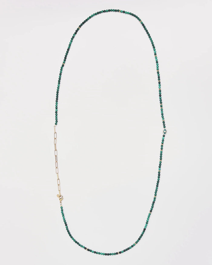 Juliana Belly Chain in Malachite Quartz with Evil Eye Charm – Full Length Flat Lay on White Background