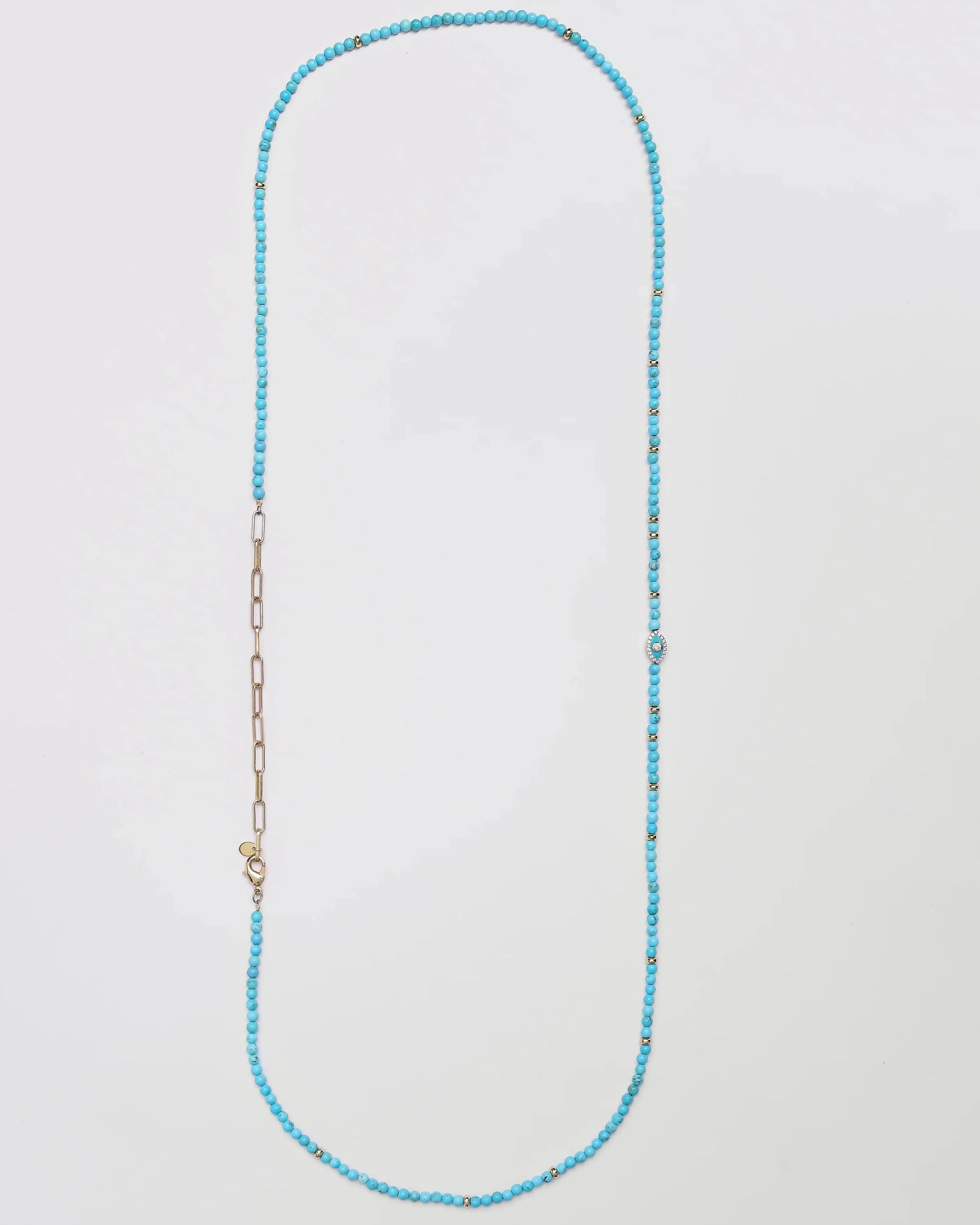 Juliana Belly Chain in Turquoise Quartz with Evil Eye Charm – Full Length Flat Lay on White Background