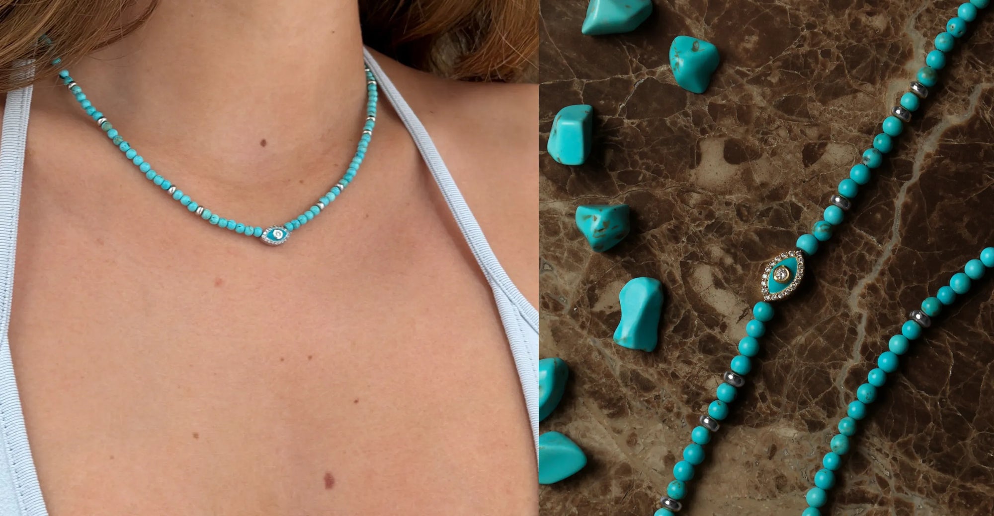 Turquoise evil eye necklace worn on model with gemstone bead detail