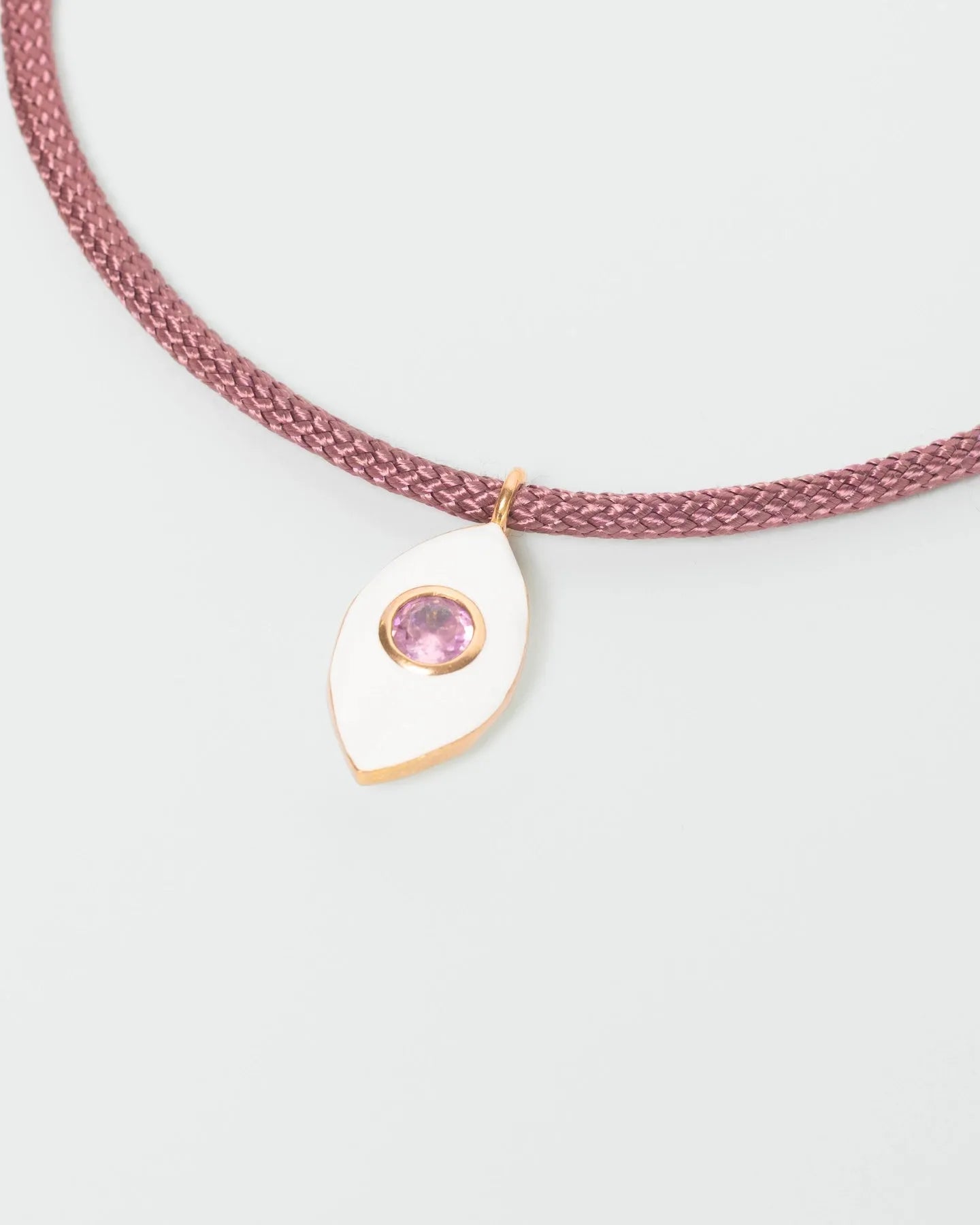MyAleph Lola Cord Necklace in Sunset with bordeaux cord, rose evil eye pendant, and white background