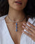 Woman wearing a silver choker necklace with blue evil eye pendants