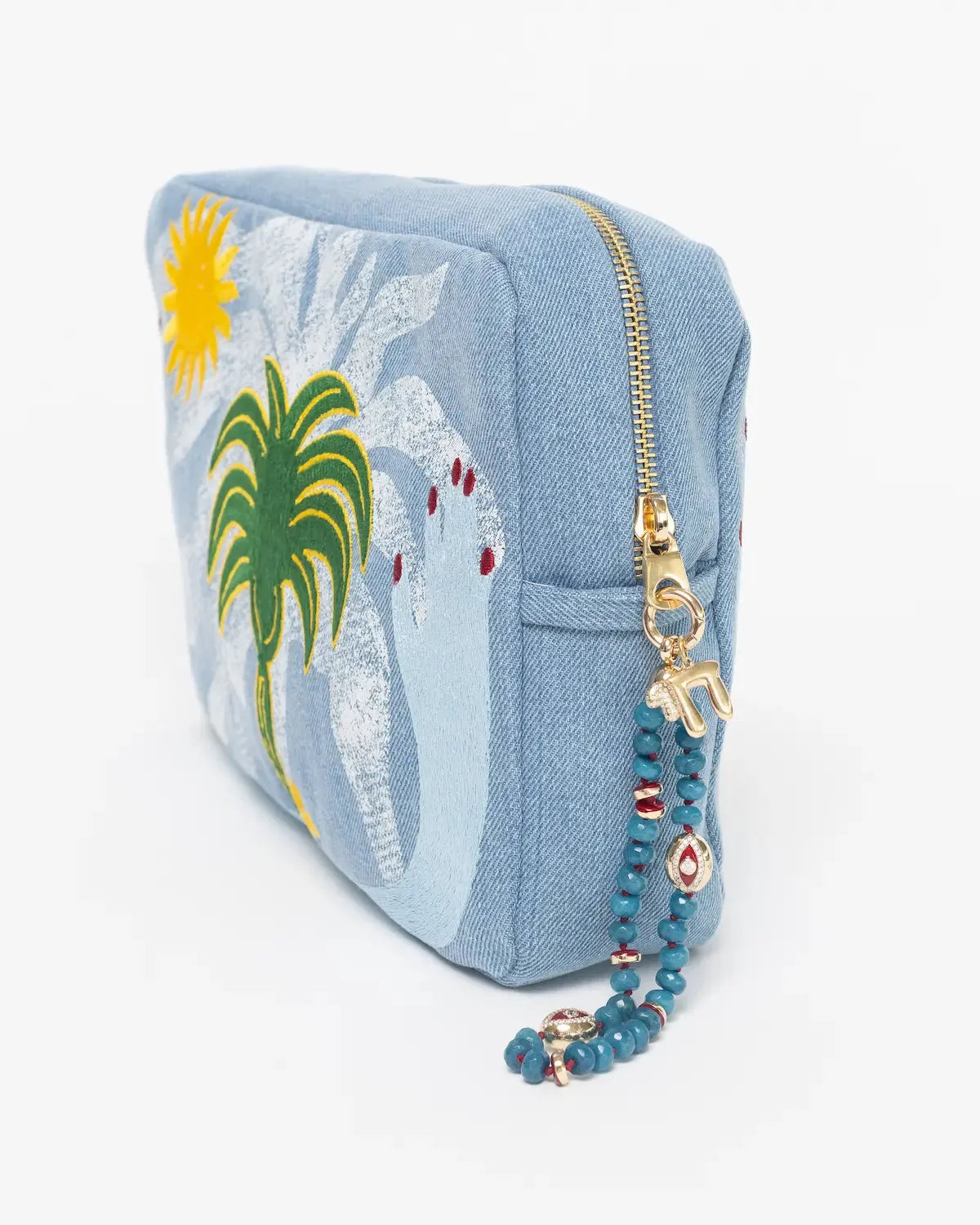 MyAleph Large Pampelonne Denim Pouch with embroidered palm trees, zip closure, and turquoise phone charm