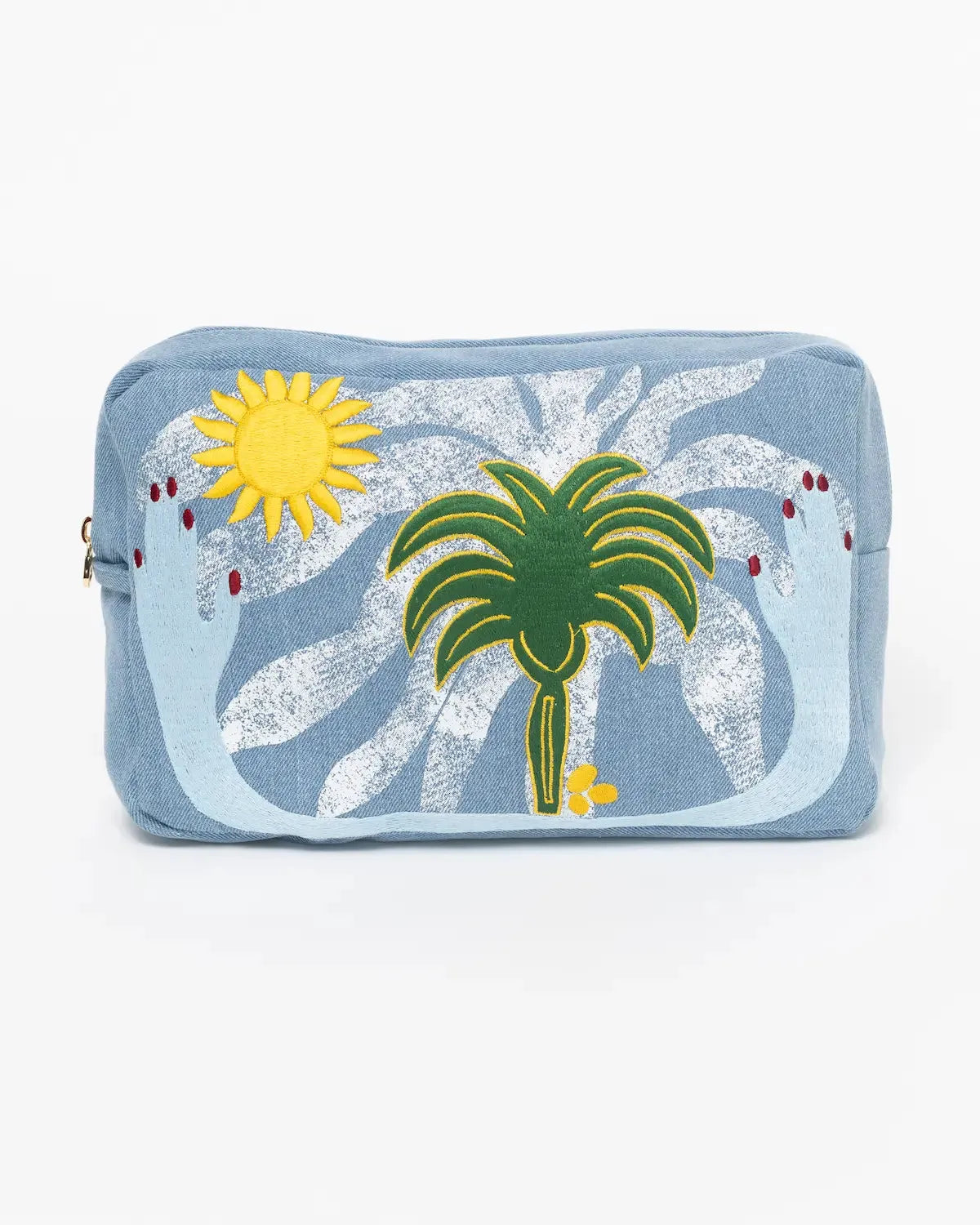 MyAleph Large Pampelonne Denim Pouch with embroidered sun, palm trees, and soft blue denim on white background