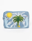 MyAleph Large Pampelonne Denim Pouch with embroidered sun, palm trees, and soft blue denim on white background