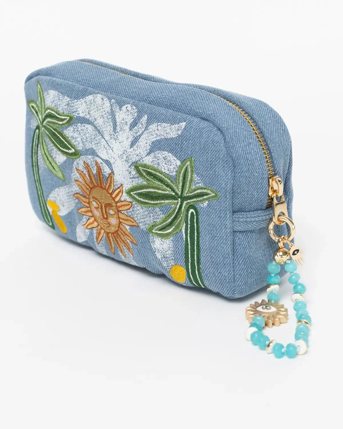 MyAleph Midi Pampelonne Denim Pouch with embroidered sun and palm trees, zip closure, and turquoise phone charm
