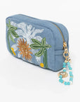 MyAleph Midi Pampelonne Denim Pouch with embroidered sun and palm trees, zip closure, and turquoise phone charm