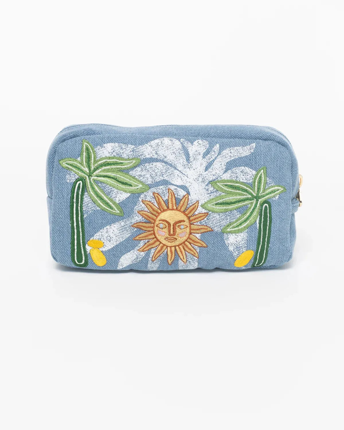 MyAleph Midi Pampelonne Denim Pouch with embroidered sun and palm trees on soft blue denim