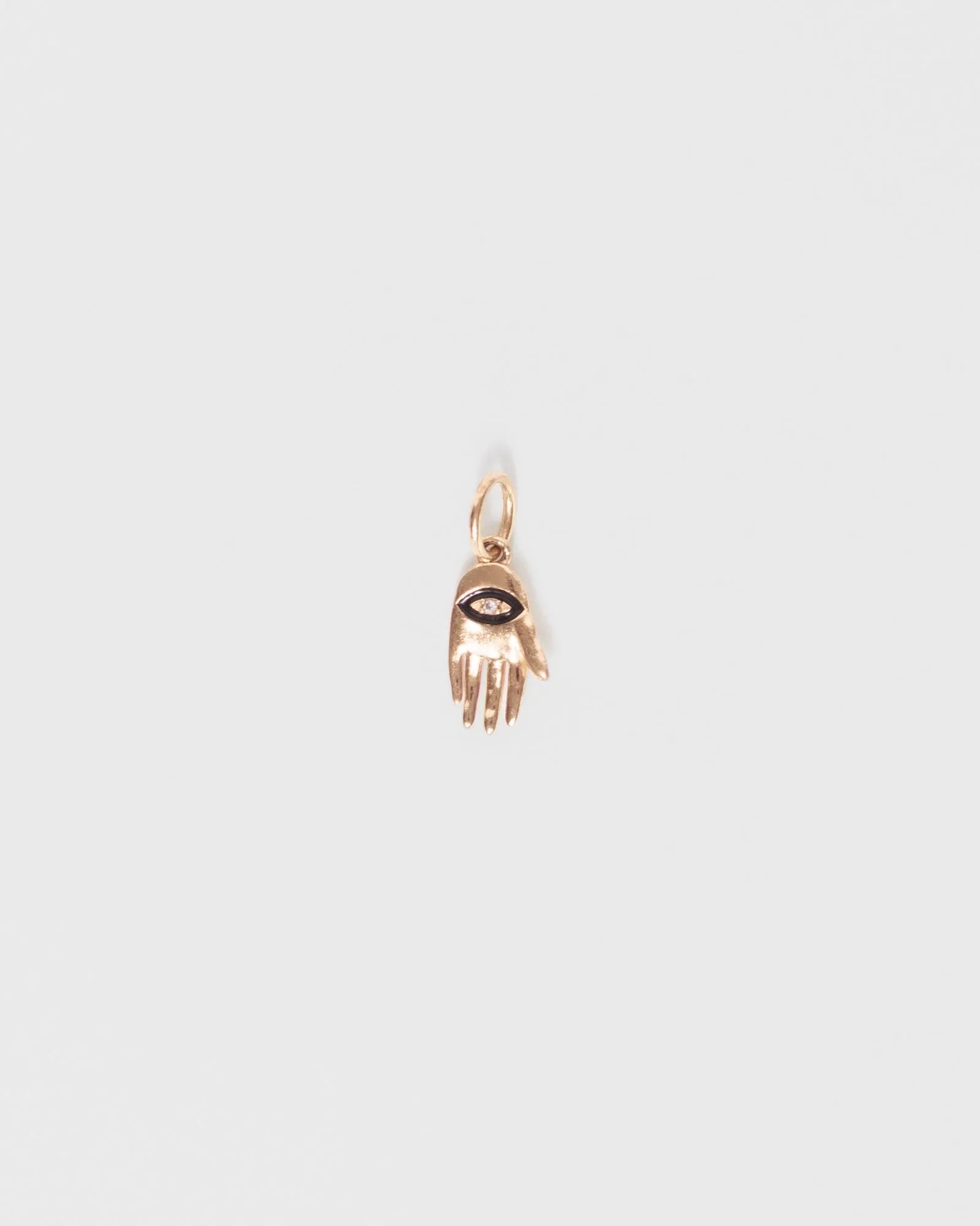 MyAleph gold hamsa evil eye charm with white stone center, protective hand pendant for necklaces, bags, and phone charms