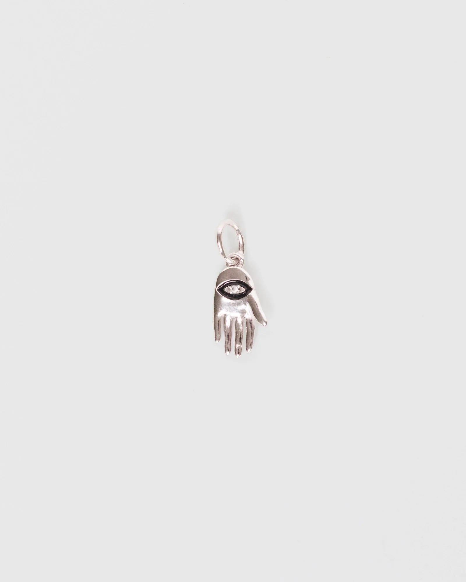 MyAleph silver hamsa evil eye charm with white stone center, protective hand pendant for necklaces, bags, and phone charms