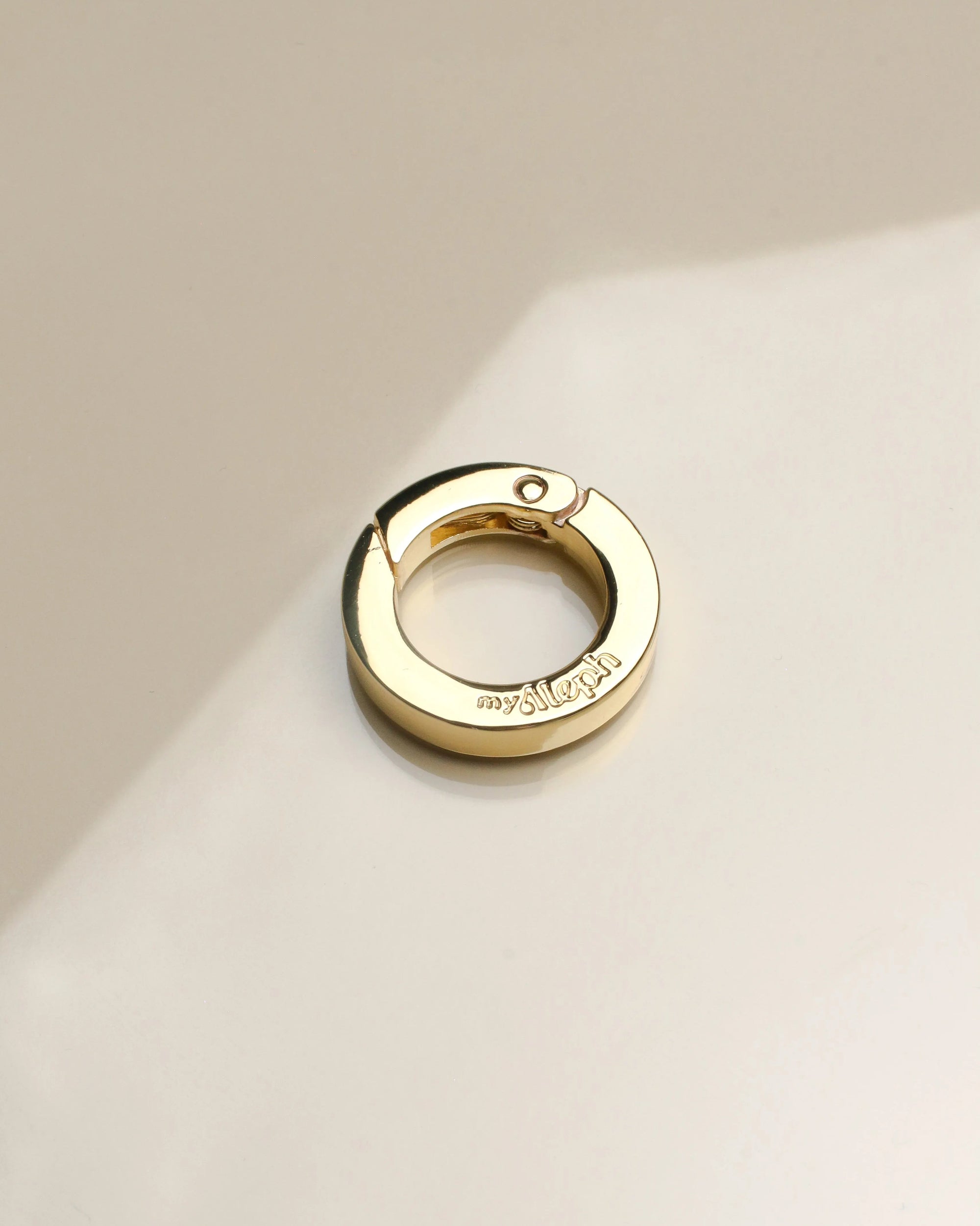 Close-up of 'The Ring' accessory in gold, displaying its sleek, polished finish with a user-friendly spring clasp, designed for versatile styling.